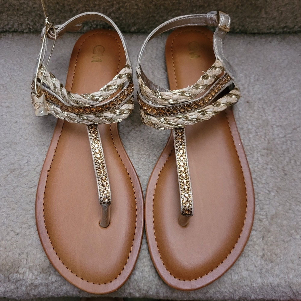 C&M Brown Sandals with Tan and Gold Braided Accents